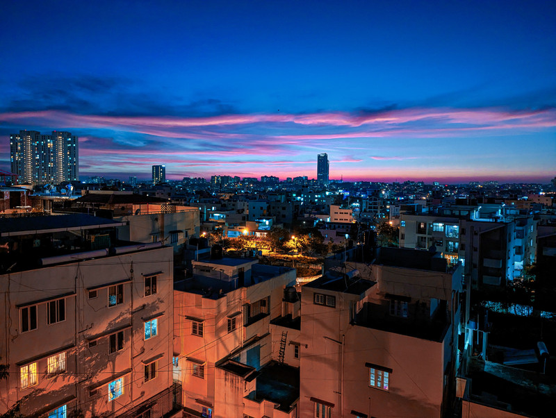 Bengaluru's rooftops at sunset.